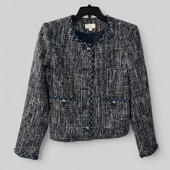 Loft dark academia navy blue tweed fringe ladies blazer size Large preppy retro - Picture 1 of 9